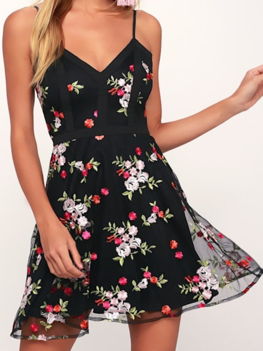 Lulus Favorite Fleur Black Floral Mesh Embroidered Skater Dress - Size XS